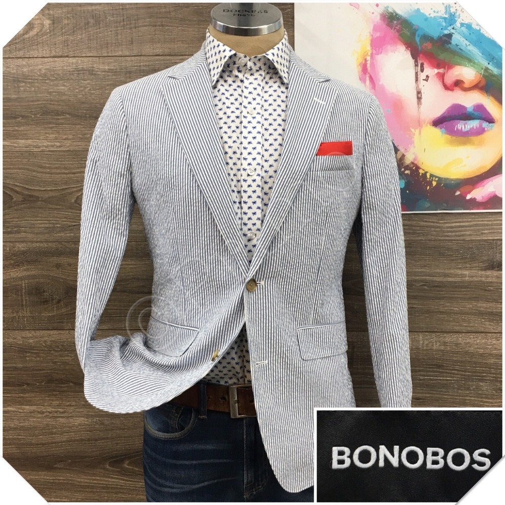 BONOBOS Mens Seersucker Blazer Sport Coat Casual Jacket Size 38R Slim Fit Suit